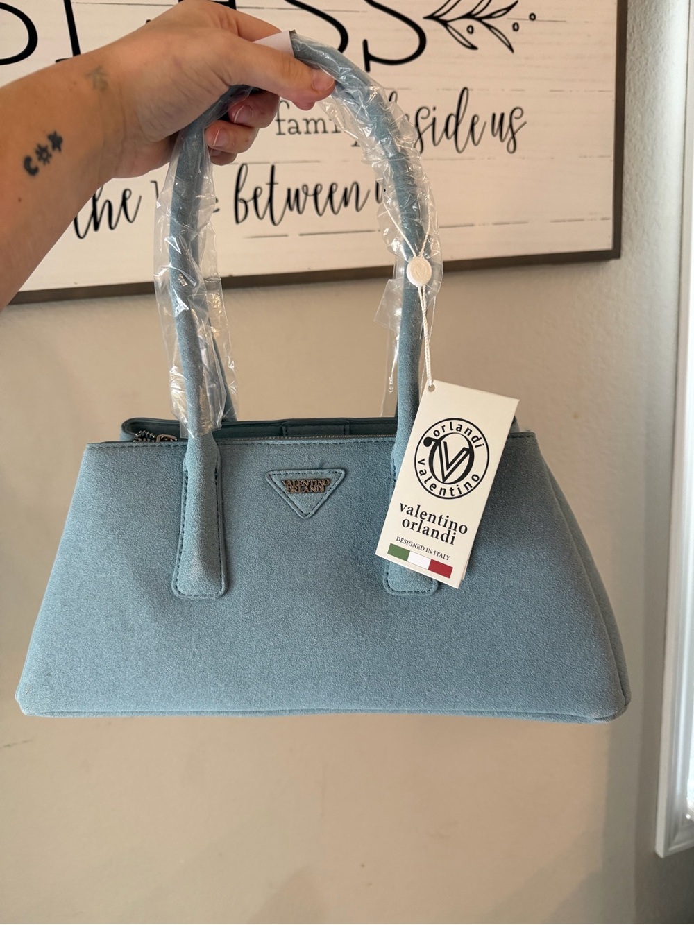 Valentino Orlandi Light Blue Suede-Effect Top-Handle Satchel